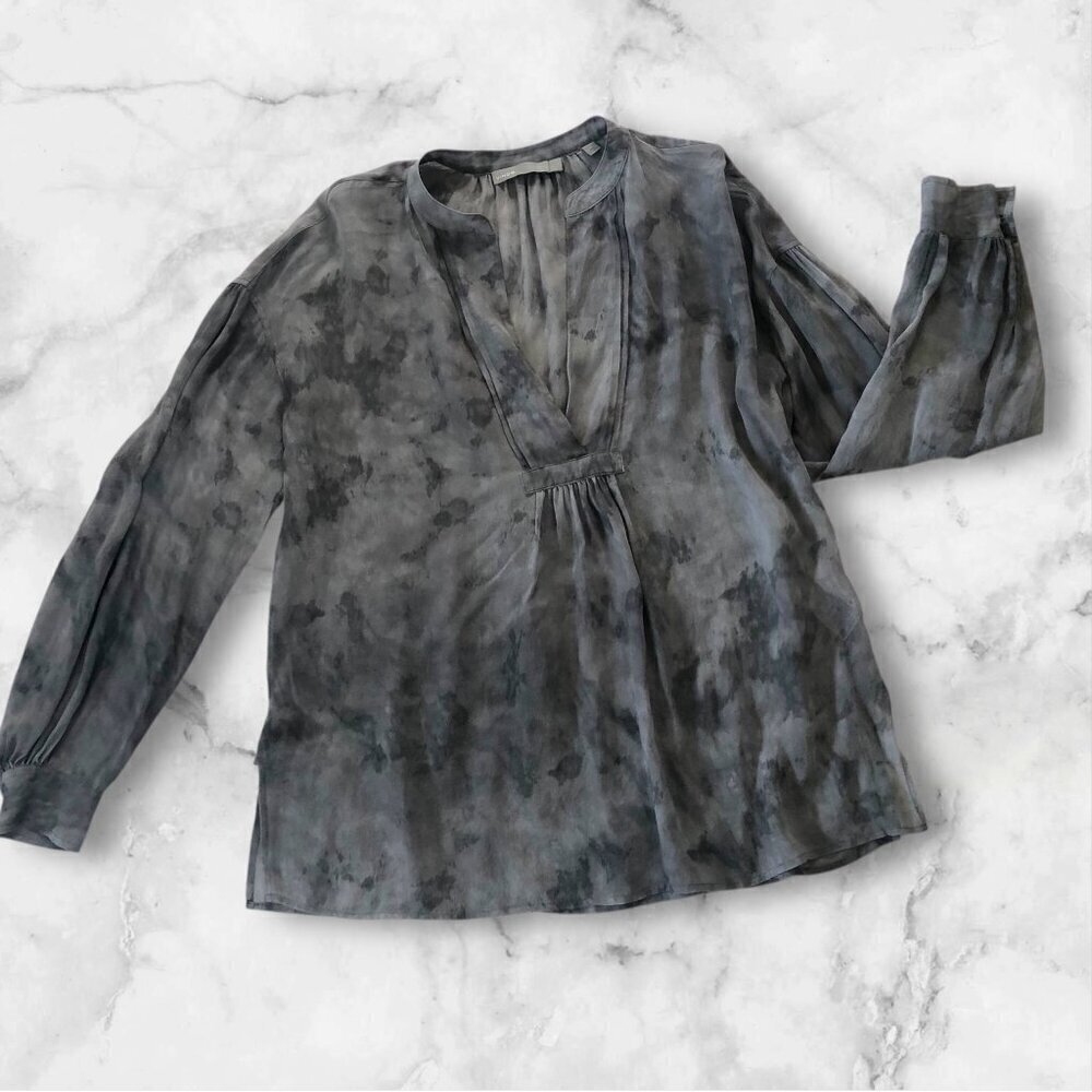 Vince Gray Gray Watercolor Print 100% Silk Blouse Top Semi Sheer M/L